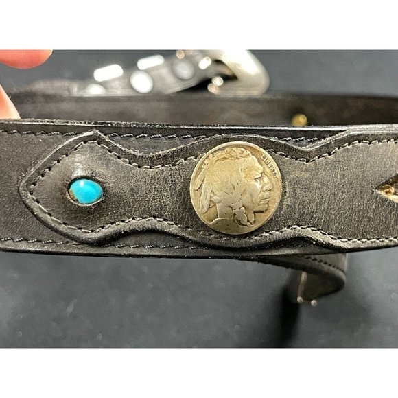 Appaloosa Durango Handmade Leather Belt Black Indian Head Nickel Turquoise Sz 40 main image 8